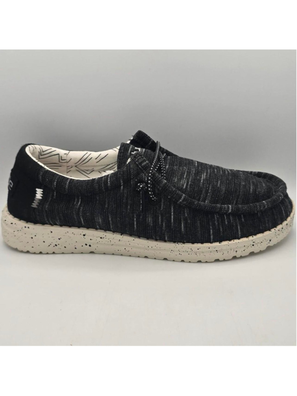 Hey Dude Black Speckled Slip On Loafer with White Speckled Sole
#heydude #loafer